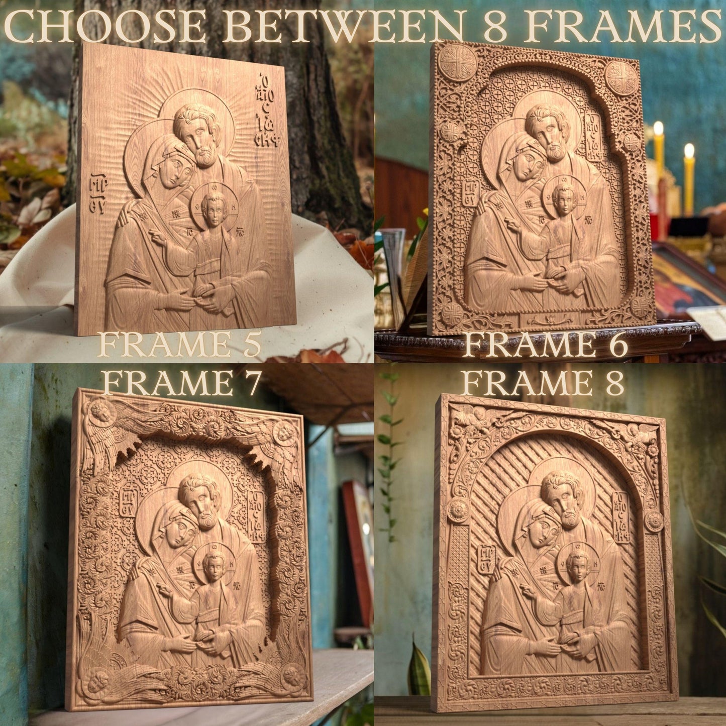 Holy Family Wooden Carved Handcrafted Christian Religious Icon. Byzantine Home Wall Art Decor Gift. Orthodox Greek Woodcarving Sculpture.