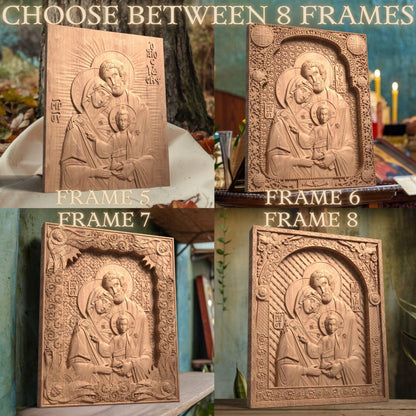 Holy Family Wooden Carved Handcrafted Christian Religious Icon. Byzantine Home Wall Art Decor Gift. Orthodox Greek Woodcarving Sculpture.