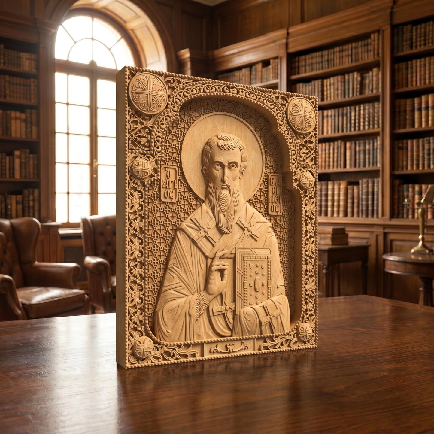 Saint Basil the Great Wooden Carved Handmade Christian Icon Patron Saint of the Poor Left Side Natural Wood Color Cretan Holy Carvings