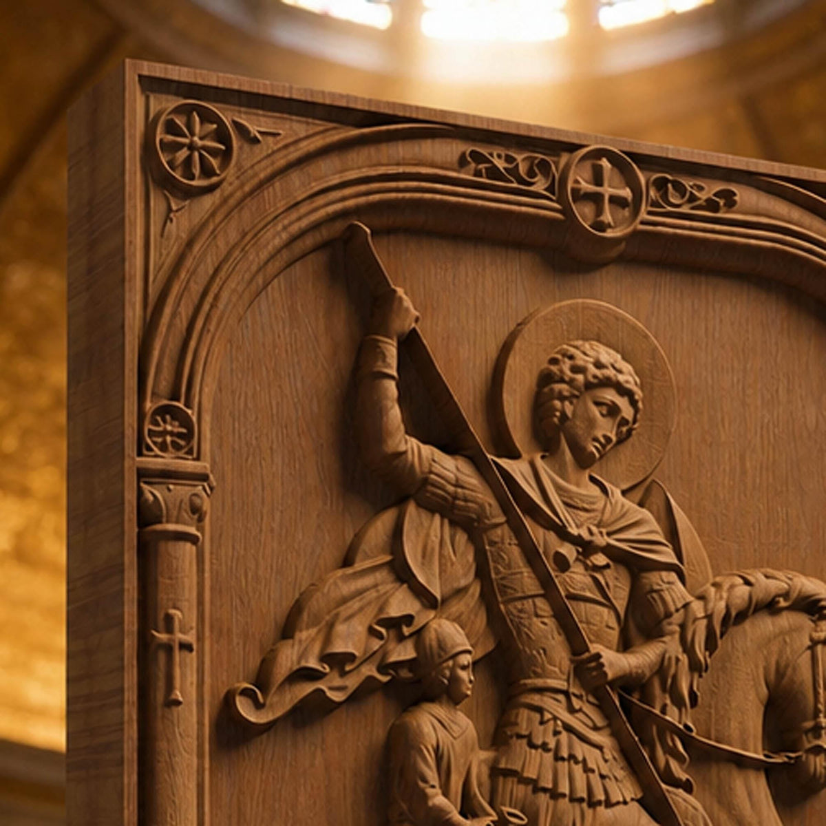 Saint George Kills the Dragon Wooden Carved Handmade Christian Icon Patron Saint of Military Brown Oak Cretan Holy Carvings