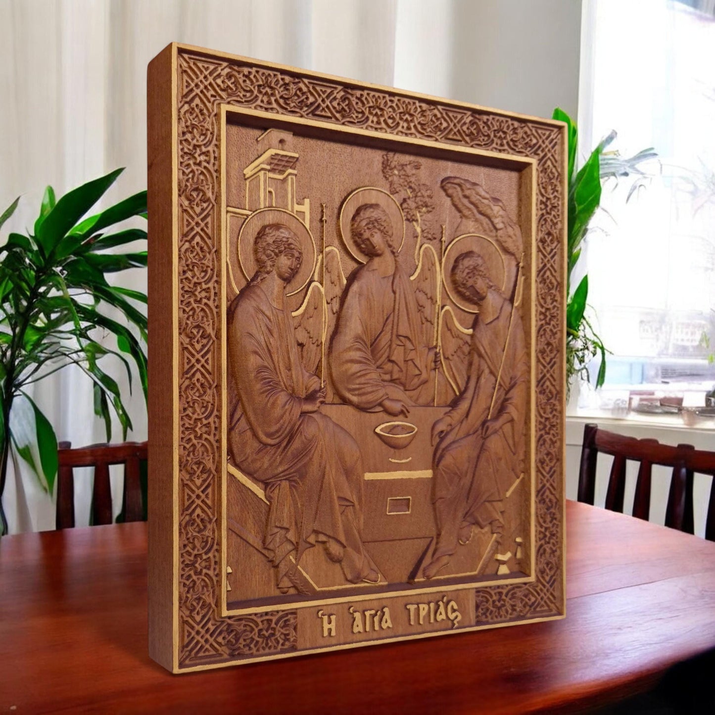 Holy Trinity Wooden Carved Handmade Christian Icon. Byzantine Greek Orthodox Home Art Decor.