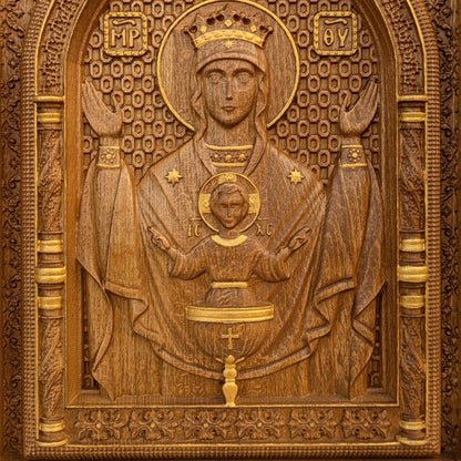 Virgin Mary Fountain of Life Wooden Carved Handcrafted Christian Religious Icon. Byzantine Home Wall Art Decor Gift. Orthodox Greek Woodcarving Sculpture.