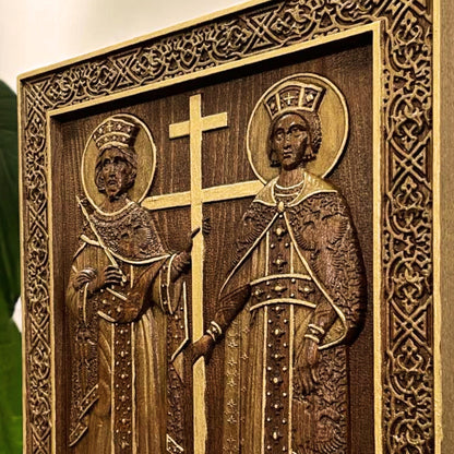 Saints Constantine and Helena Wooden Carved Handcrafted Christian Religious Icon. Byzantine Home Wall Art Decor Gift. Orthodox Greek Woodcarving Sculpture.