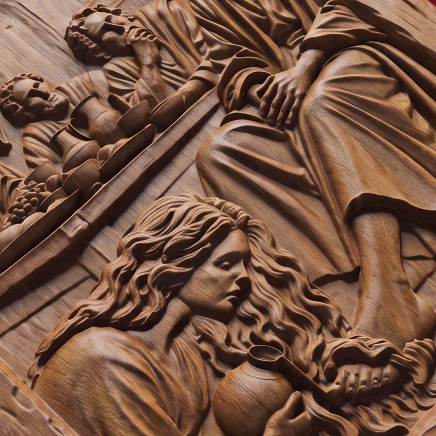 Mary Washing Jesus Christ Feet with Her Hair Wooden Carved Handmade Christian Icon  Byzantine Greek Orthodox Home Decor Cretan Holy Carvings