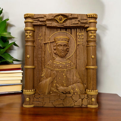 Saint Constantine Wooden Carved Handmade Christian Icon. Byzantine Greek Orthodox Home Art Decor.