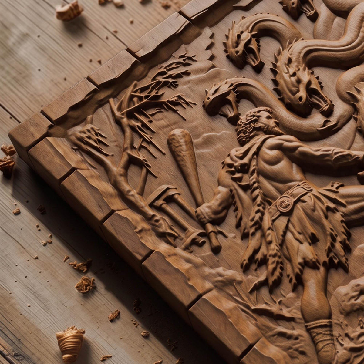 Hercules Fighting the Hydra 3D Wooden Bas Relief Panel Art Sculptural Gift Idea Cretan Holy Carvings