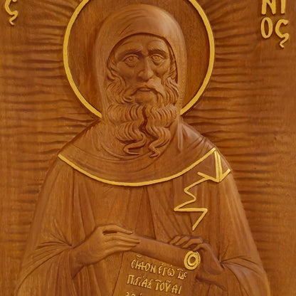Saint Anthony the Great Wooden Carved Handmade Christian Icon. Byzantine Greek Orthodox Home Decor.
