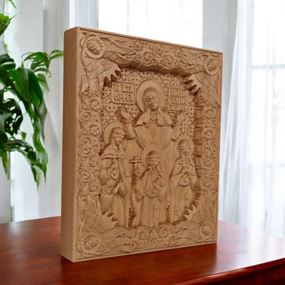 Saints Sophia Faith Hope Love Wooden Carved Handmade Christian Icon. Byzantine Greek Orthodox Decor.
