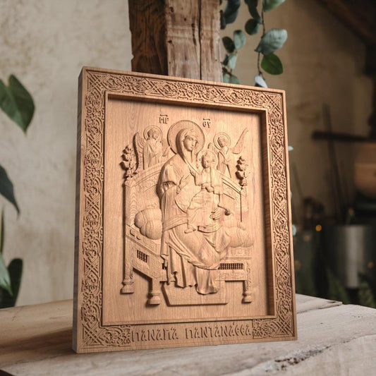 Virgin Mary Queen of All Wooden Carved Handmade Christian Icon. Byzantine Greek Orthodox Decor.