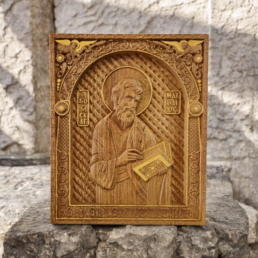 Matthew the Evangelist Wooden Carved Handcrafted Christian Religious Icon. Byzantine Home Wall Art Decor Gift. Orthodox Greek Woodcarving Sculpture.