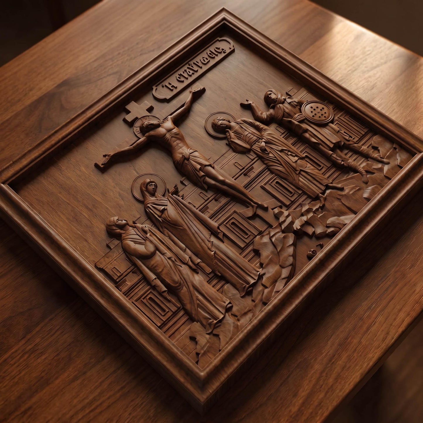 The Crucifixion of Jesus Christ Wooden Carved Handmade Christian Icon | Byzantine Greek Orthodox Home Art Decor