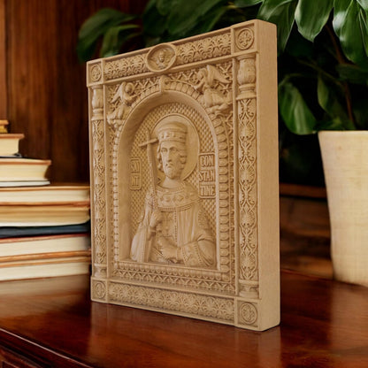 Saint Constantine Wooden Carved Handmade Christian Icon. Byzantine Greek Orthodox Home Art Decor.