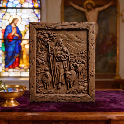 Jesus Christ the Good Shepherd Wooden Carved Handmade Christian Icon  Byzantine Greek Orthodox Home Decor Cretan Holy Carvings