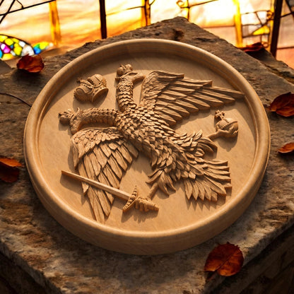 Byzantine Double Headed Eagle Plate Wooden Carved Handmade Christian Icon Flat Side Natural Wood Color Cretan Holy Carvings