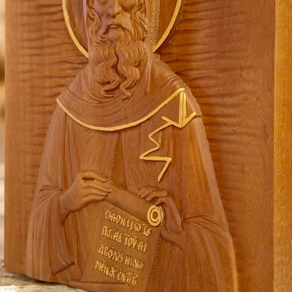 Saint Anthony the Great Wooden Carved Handmade Christian Icon. Byzantine Greek Orthodox Home Decor.