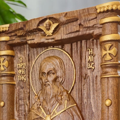 Prophet Elijah Wooden Carved Handcrafted Christian Religious Icon. Byzantine Home Wall Art Decor Gift. Orthodox Greek Woodcarving Sculpture.