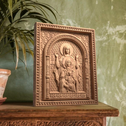 Virgin Mary St Anne and Baby Jesus Wooden Carved Handcrafted Christian Religious Icon. Byzantine Home Wall Art Decor Gift. Orthodox Greek Woodcarving Sculpture.