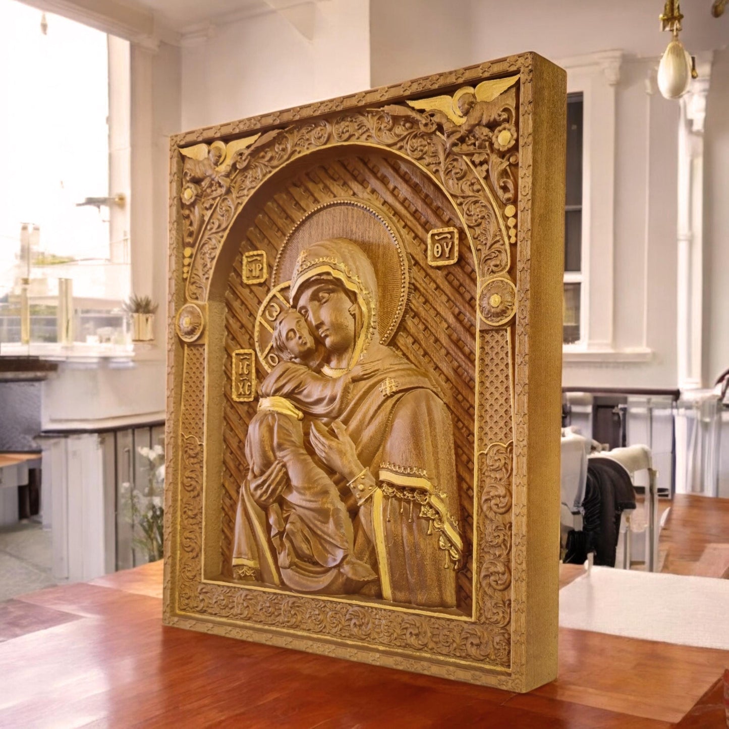 Virgin Mary Mother of God Wooden Carved Handmade Christian Icon. Byzantine Greek Orthodox Decor.