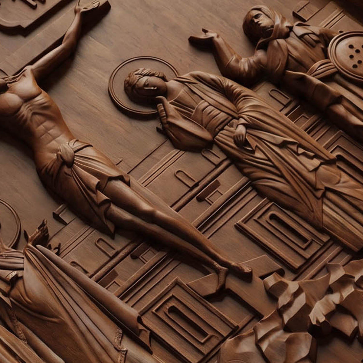 The Crucifixion of Jesus Christ Wooden Carved Handmade Christian Icon | Byzantine Greek Orthodox Home Art Decor