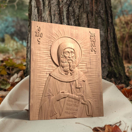 Saint Anthony the Great Wooden Carved Handcrafted Christian Religious Icon. Byzantine Home Wall Art Decor Gift. Orthodox Greek Woodcarving Sculpture.