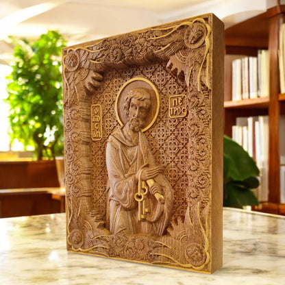 Saint Peter the Apostle Wooden Carved Handcrafted Christian Religious Icon. Byzantine Home Wall Art Decor Gift. Orthodox Greek Woodcarving Sculpture.