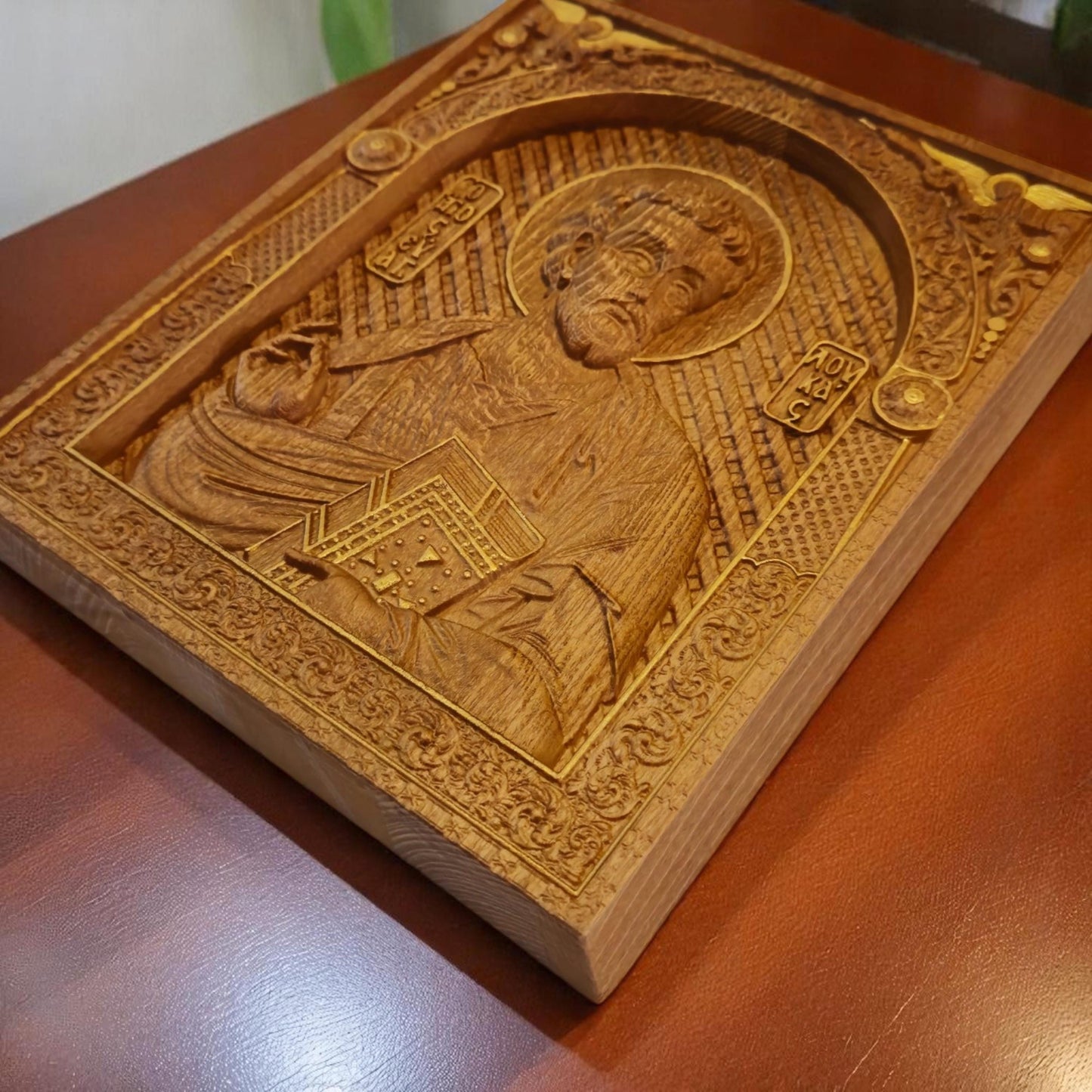 Luke the Evangelist Wooden Carved Handcrafted Christian Religious Icon. Byzantine Home Wall Art Decor Gift. Orthodox Greek Woodcarving Sculpture.