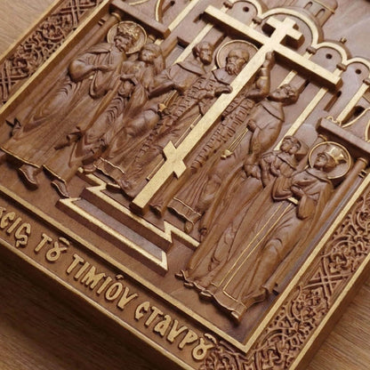 The Elevation of the Holy Cross Wooden Carved Handmade Christian Icon. Byzantine Greek Decor.
