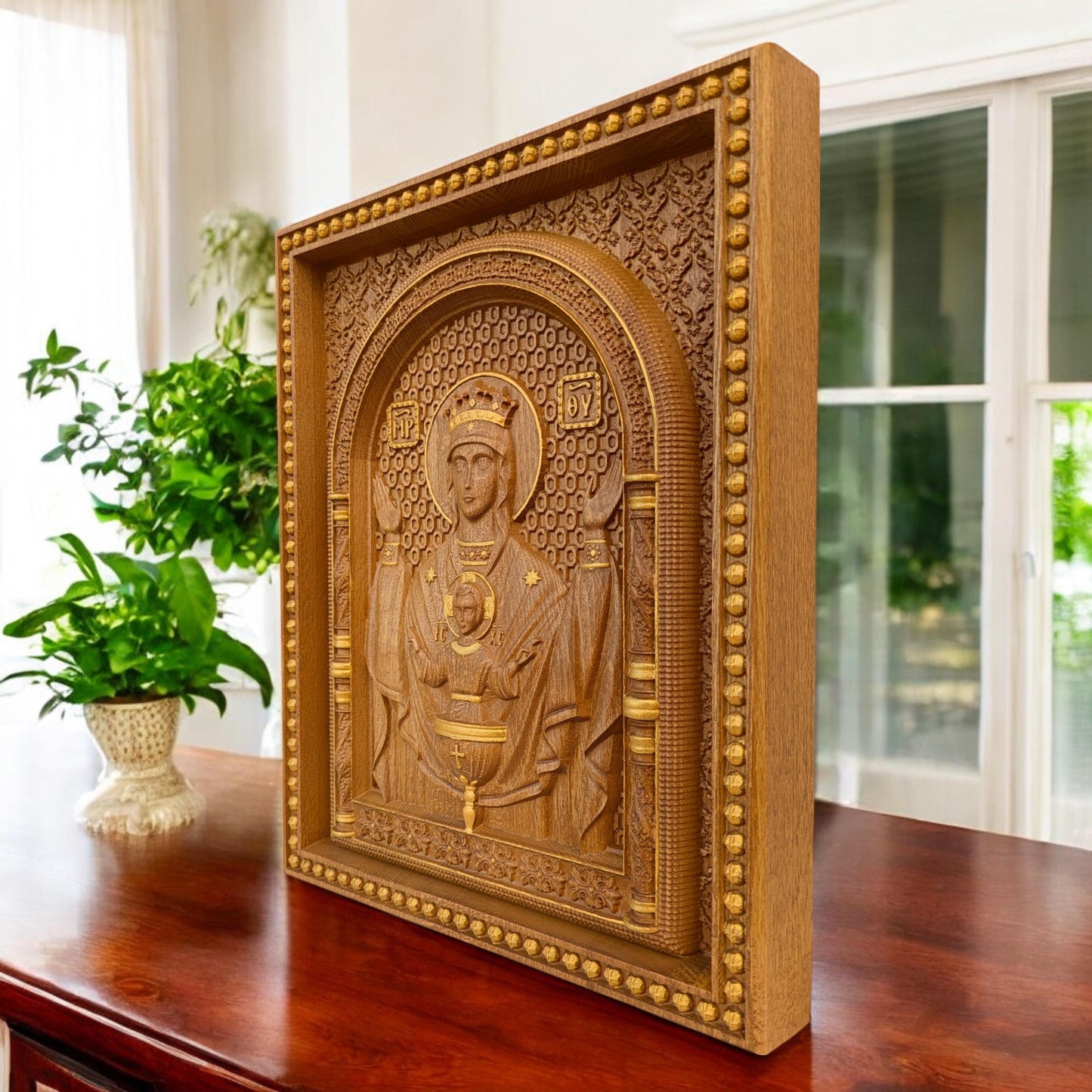 Virgin Mary Fountain of Life Wooden Carved Handcrafted Christian Religious Icon. Byzantine Home Wall Art Decor Gift. Orthodox Greek Woodcarving Sculpture.