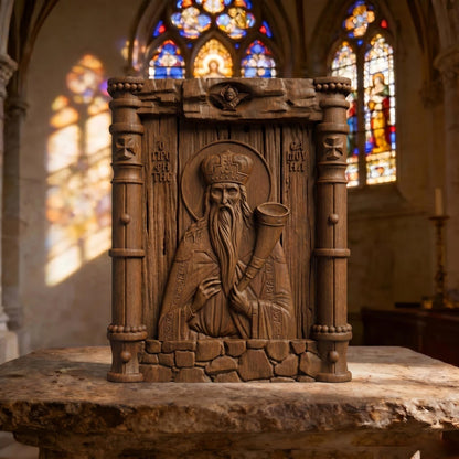 Prophet Samuel Wooden Carved Handmade Christian Icon Front Side Brown Oak Cretan Holy Carvings