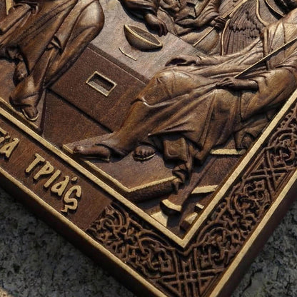 Holy Trinity Wooden Carved Handmade Christian Icon. Byzantine Greek Orthodox Home Art Decor.