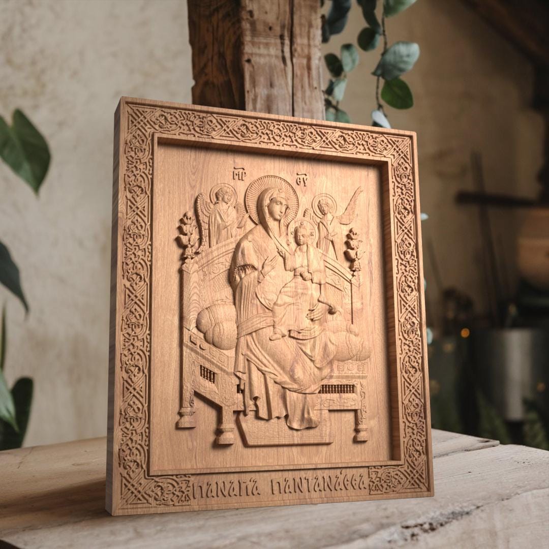 Virgin Mary Queen of All Wooden Carved Handcrafted Christian Religious Icon. Byzantine Home Wall Art Decor Gift. Orthodox Greek Woodcarving Sculpture.