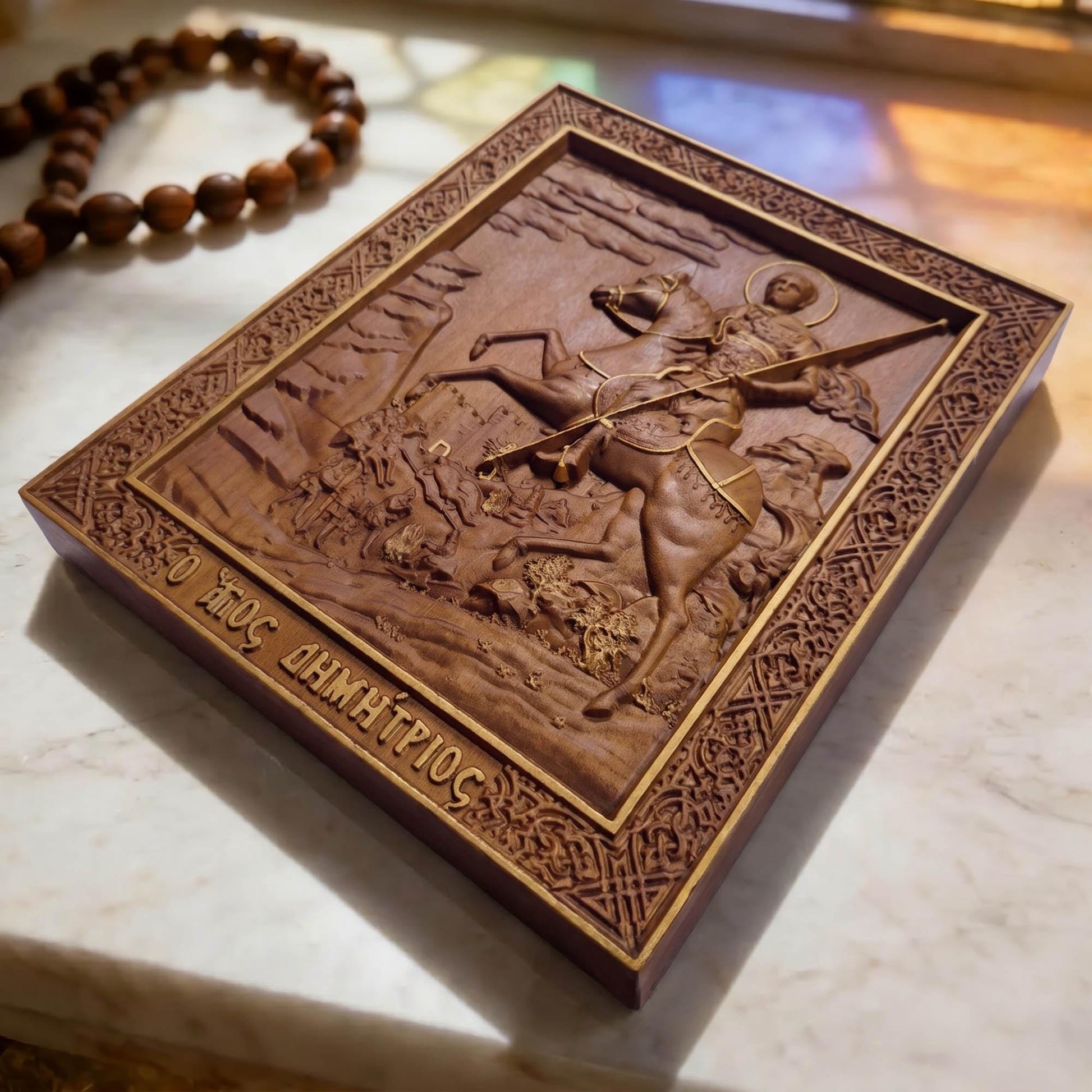 Saint Demetrius of Thessaloniki Wooden Carved Handmade Christian Icon Flat Side Golden Brown Cretan Holy Carvings