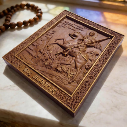 Saint Demetrius of Thessaloniki Wooden Carved Handmade Christian Icon Flat Side Golden Brown Cretan Holy Carvings