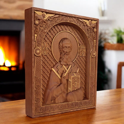 Saint Athanasius of Alexandria Wooden Carved Handmade Christian Icon. Byzantine Greek Orthodox Home Decor.
