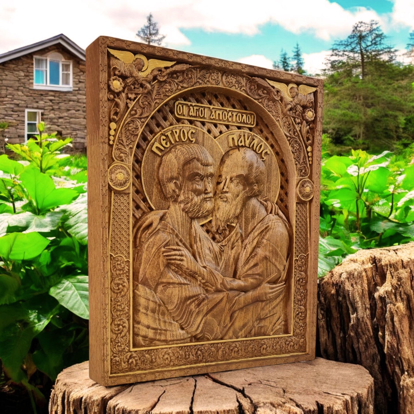 Αpostles Peter and Paul Wooden Carved Handcrafted Christian Religious Icon. Byzantine Home Wall Art Decor Gift. Orthodox Greek Woodcarving Sculpture.