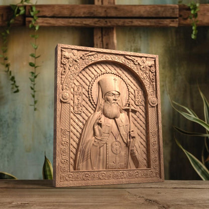 Saint Luke the Doctor Wooden Carved Handcrafted Christian Religious Icon. Byzantine Home Wall Art Decor Gift. Orthodox Greek Woodcarving Sculpture.