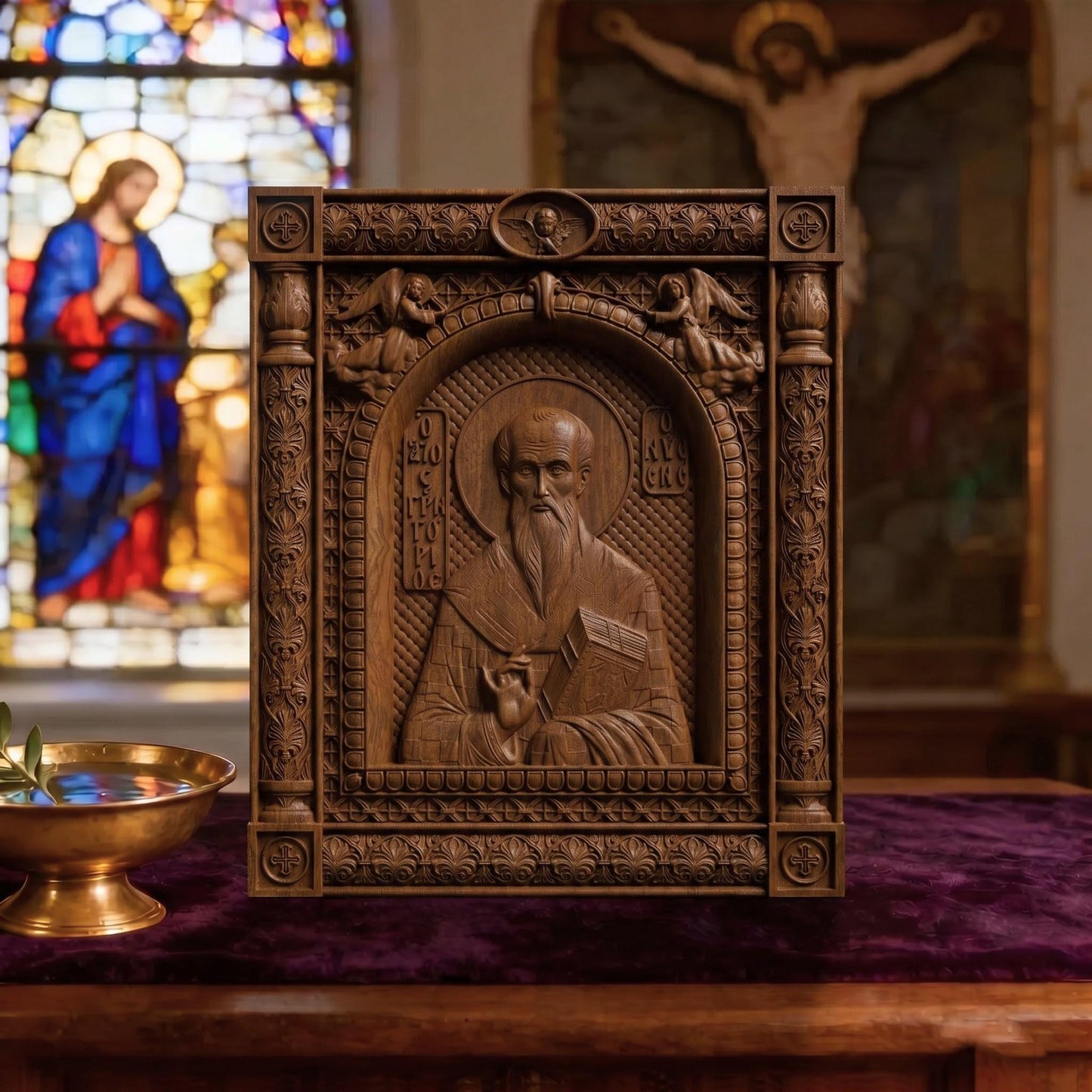 Saint Gregory of Nyssa Wooden Carved Handmade Christian Icon | Byzantine Greek Orthodox Home Art Decor