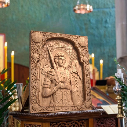 Αrchangel Michael Wooden Carved Handcrafted Christian Religious Icon. Byzantine Home Wall Art Decor Gift. Orthodox Greek Woodcarving Sculpture.