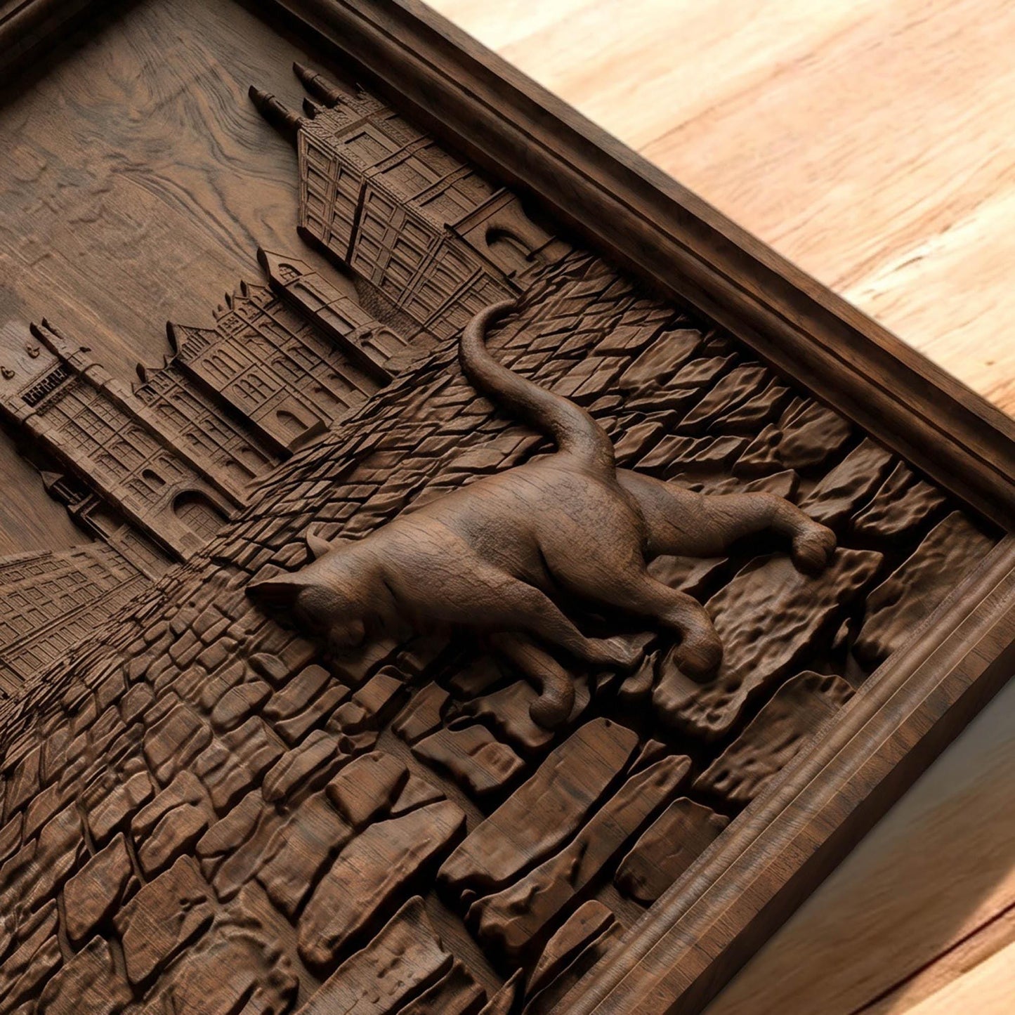 Cat Walking in the Street Framed Bas Relief | Wooden Cat Carving | Sculptural Gift Idea
