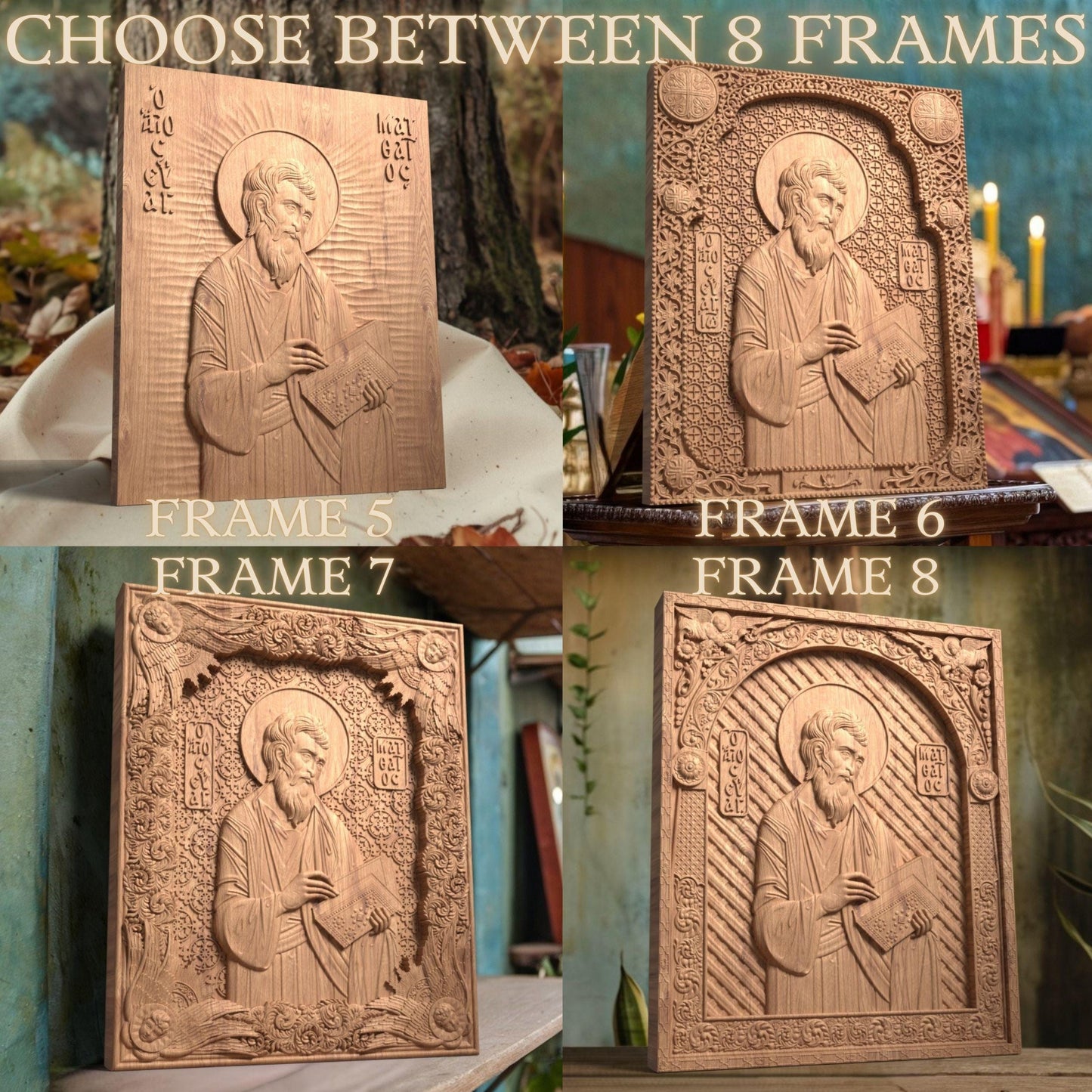 Matthew the Evangelist Wooden Carved Handcrafted Christian Religious Icon. Byzantine Home Wall Art Decor Gift. Orthodox Greek Woodcarving Sculpture.