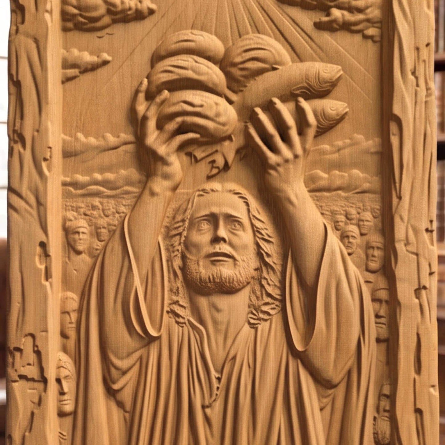 Jesus Christ Feeds the 5000 Wooden Carved Handmade Christian Icon  Byzantine Greek Orthodox Home Decor Cretan Holy Carvings