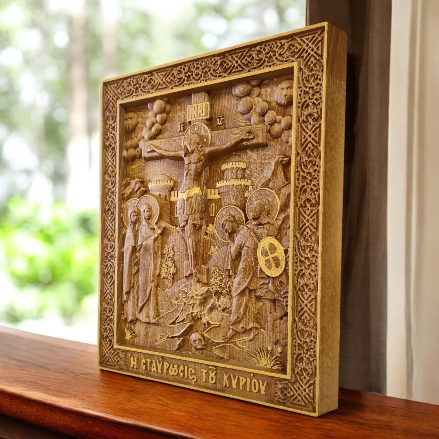 Crucifixion of Jesus Christ Wooden Carved Handcrafted Christian Religious Icon. Byzantine Home Wall Art Decor Gift. Orthodox Greek Woodcarving Sculpture.