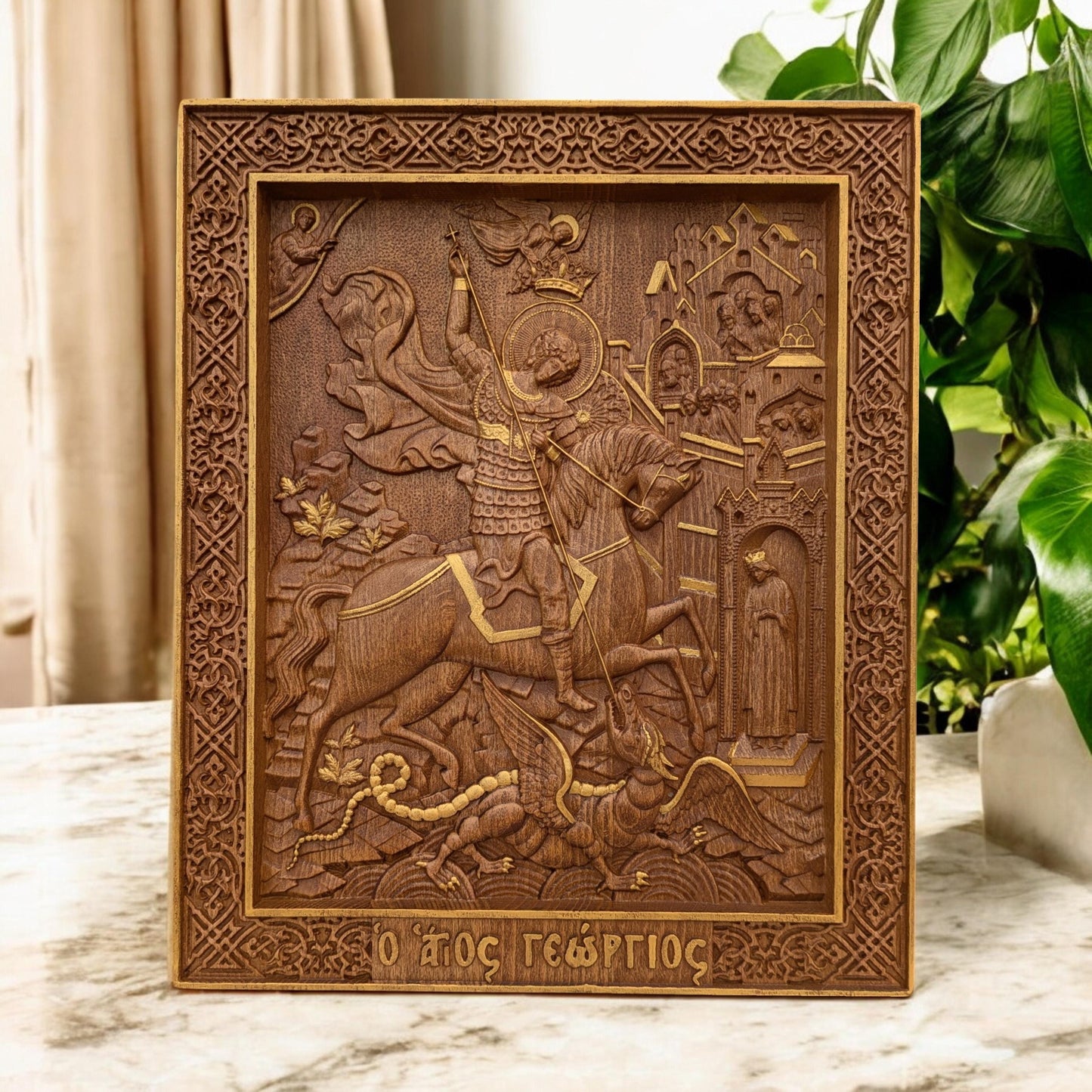 Saint George Wooden Carved Handcrafted Christian Religious Icon. Byzantine Home Wall Art Decor Gift. Orthodox Greek Woodcarving Sculpture.