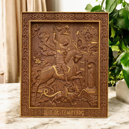 Saint George Wooden Carved Handcrafted Christian Religious Icon. Byzantine Home Wall Art Decor Gift. Orthodox Greek Woodcarving Sculpture.