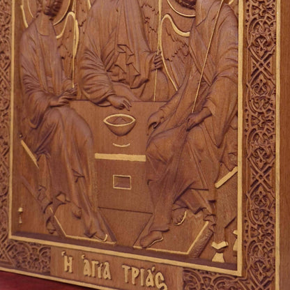 Holy Trinity Wooden Carved Handmade Christian Icon. Byzantine Greek Orthodox Home Art Decor.
