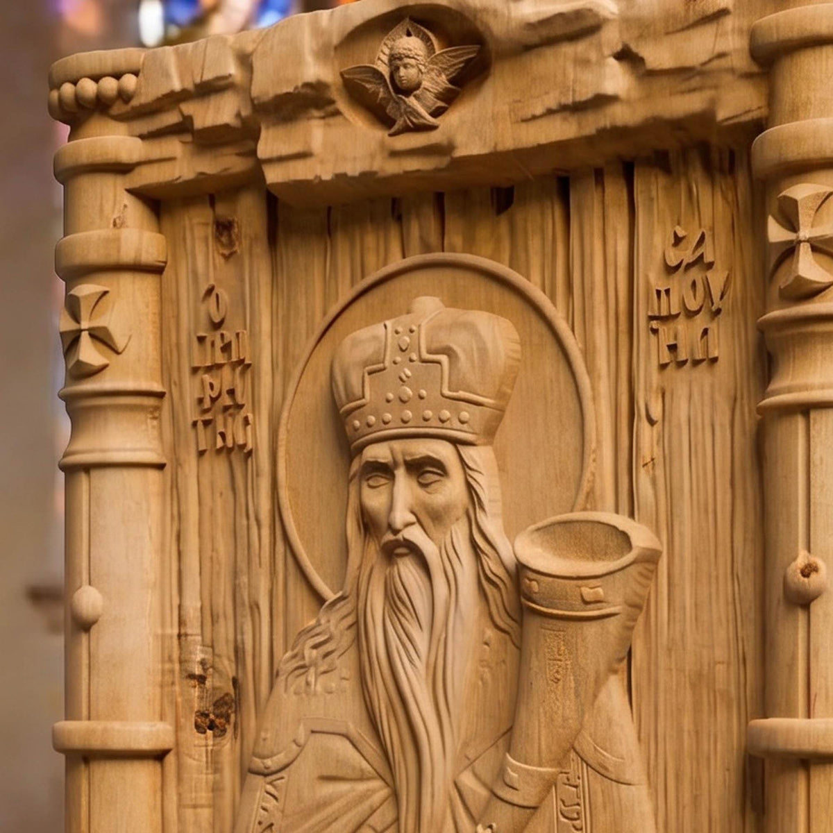 Prophet Samuel Wooden Carved Handmade Christian Icon Right Side Natural Wood Color Cretan Holy Carvings