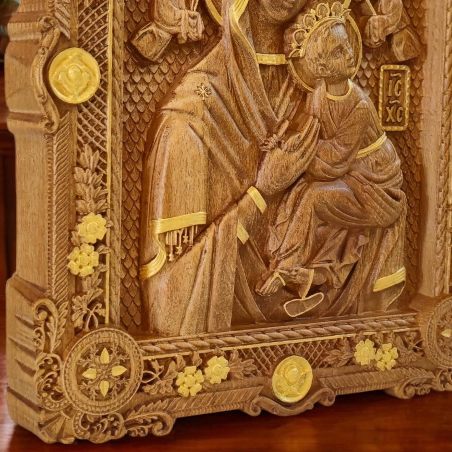 Virgin Mary of Perpetual Help Wooden Carved Handcrafted Christian Religious Icon. Byzantine Home Wall Art Decor Gift. Orthodox Greek Woodcarving Sculpture.
