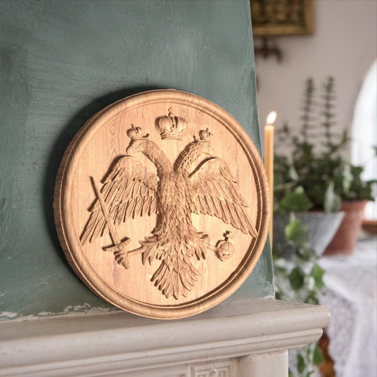 Byzantine Double Headed Eagle Plate Wooden Carved Handcrafted Christian Religious Icon. Byzantine Home Wall Art Decor Gift. Orthodox Greek Woodcarving Sculpture.