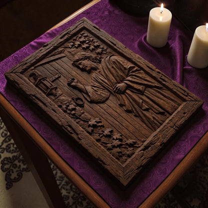 Jesus Christ Stands at the Door and Knocks Wooden Carved Handmade Christian Icon  Byzantine Greek Orthodox Home Decor Cretan Holy Carvings
