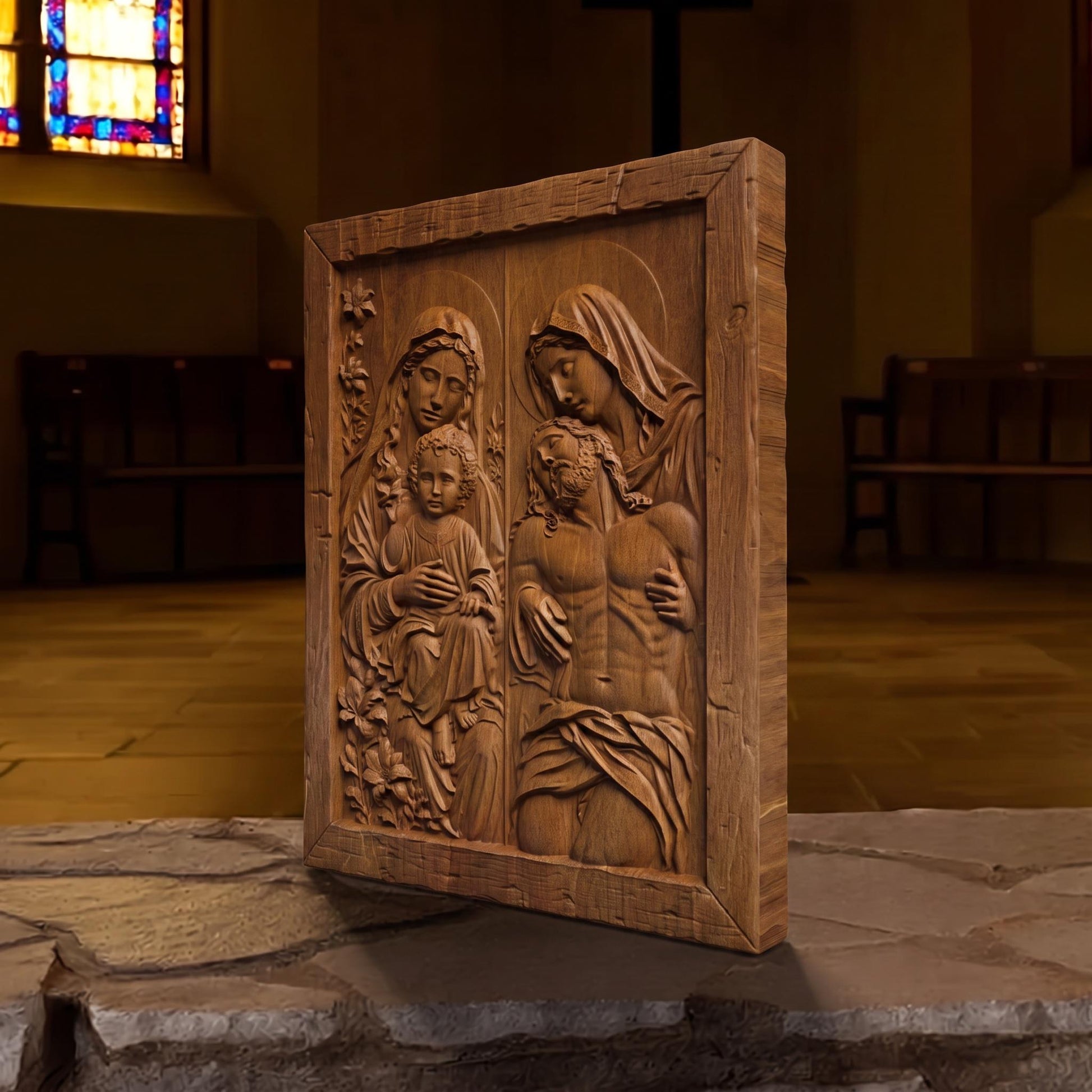 Jesus and Mother Mary Wooden Carved Handmade Christian Icon  Byzantine Greek Orthodox Home Decor Cretan Holy Carvings